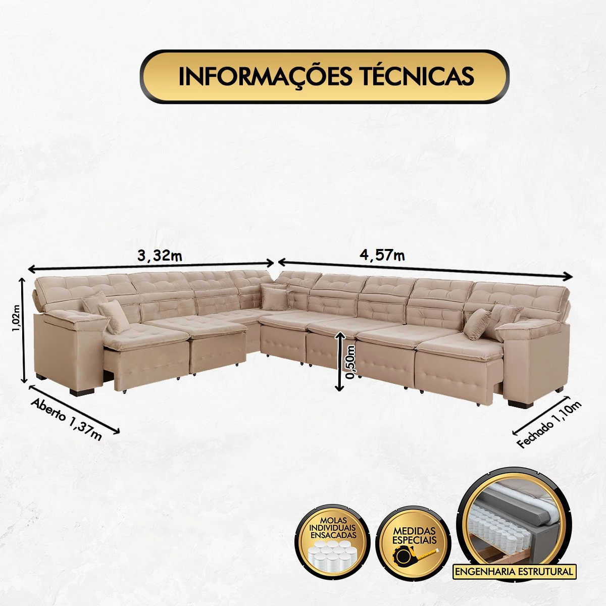 Sofá Magno 3,32x4,57m de Canto, Retrátil e Reclinável - Bege