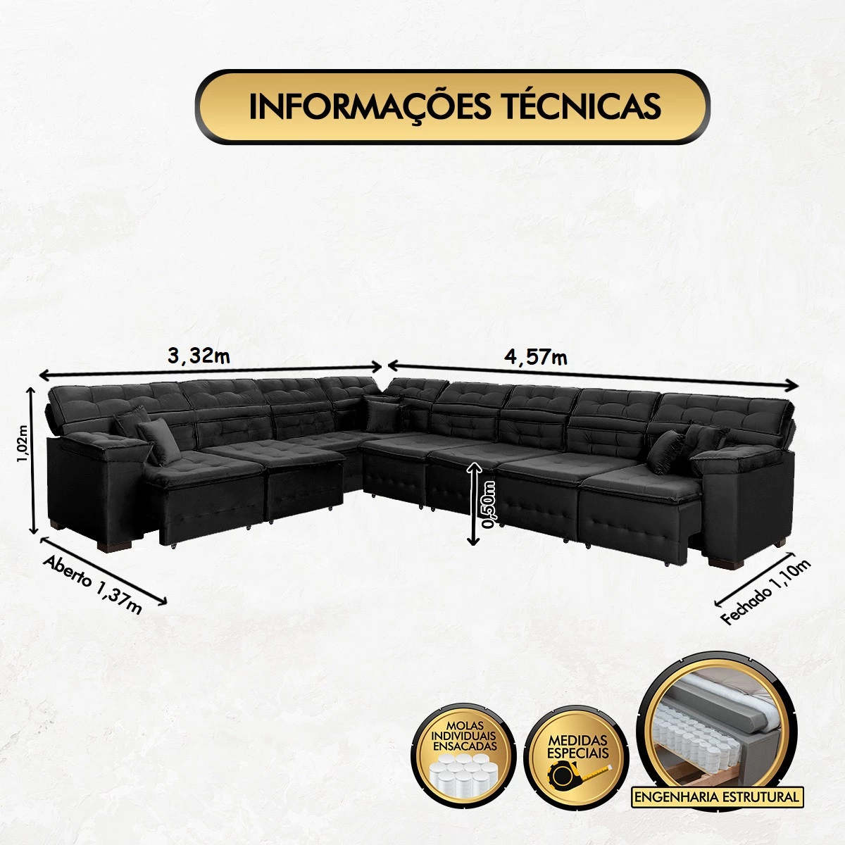 Sofá Magno 3,32x4,57m de Canto, Retrátil e Reclinável - Preto