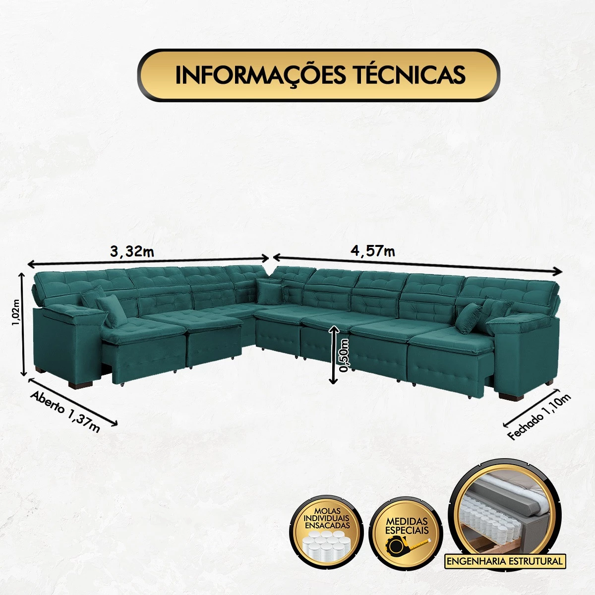 Sofá Magno 3,32x4,57m de Canto, Retrátil e Reclinável