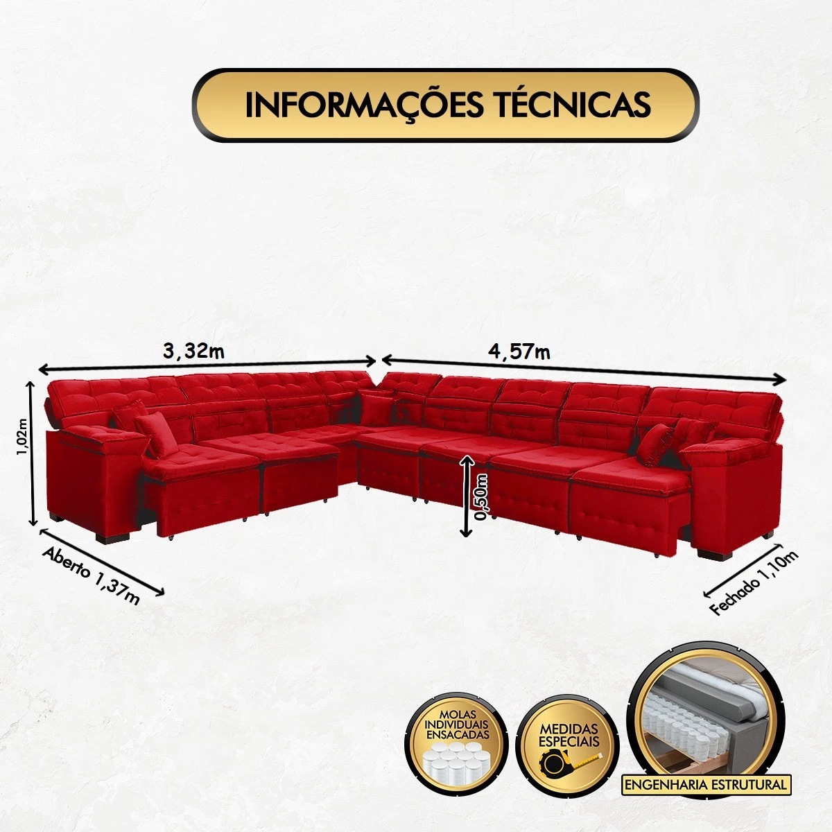 Sofá Magno 3,32x4,57m de Canto, Retrátil e Reclinável - Vermelho