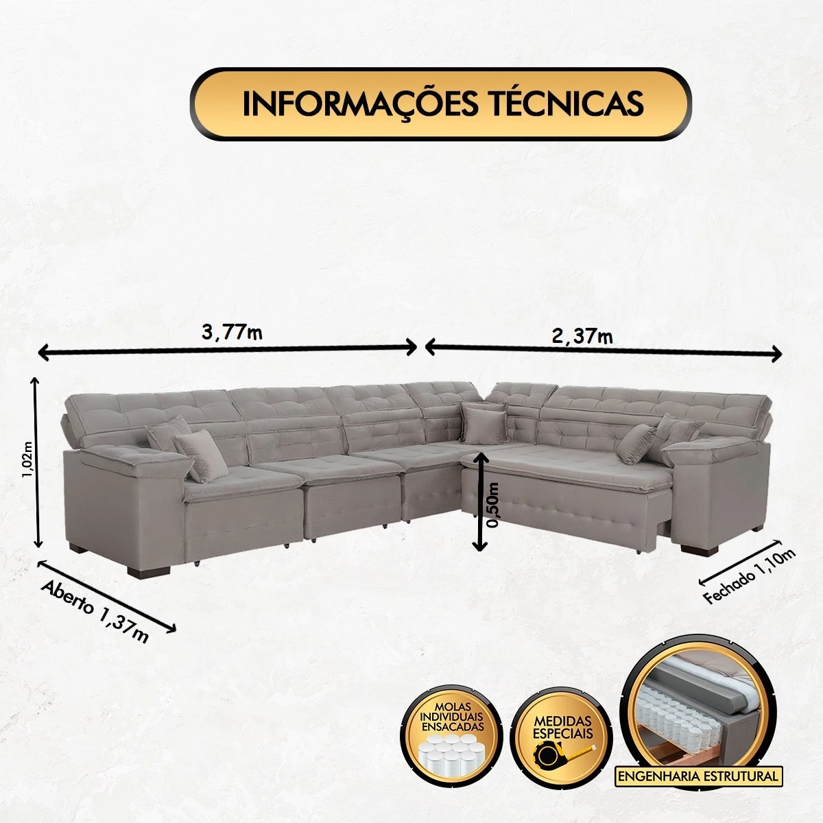 Sofá Magno 3,77x2,37m de Canto, Retrátil e Reclinável - Avelã