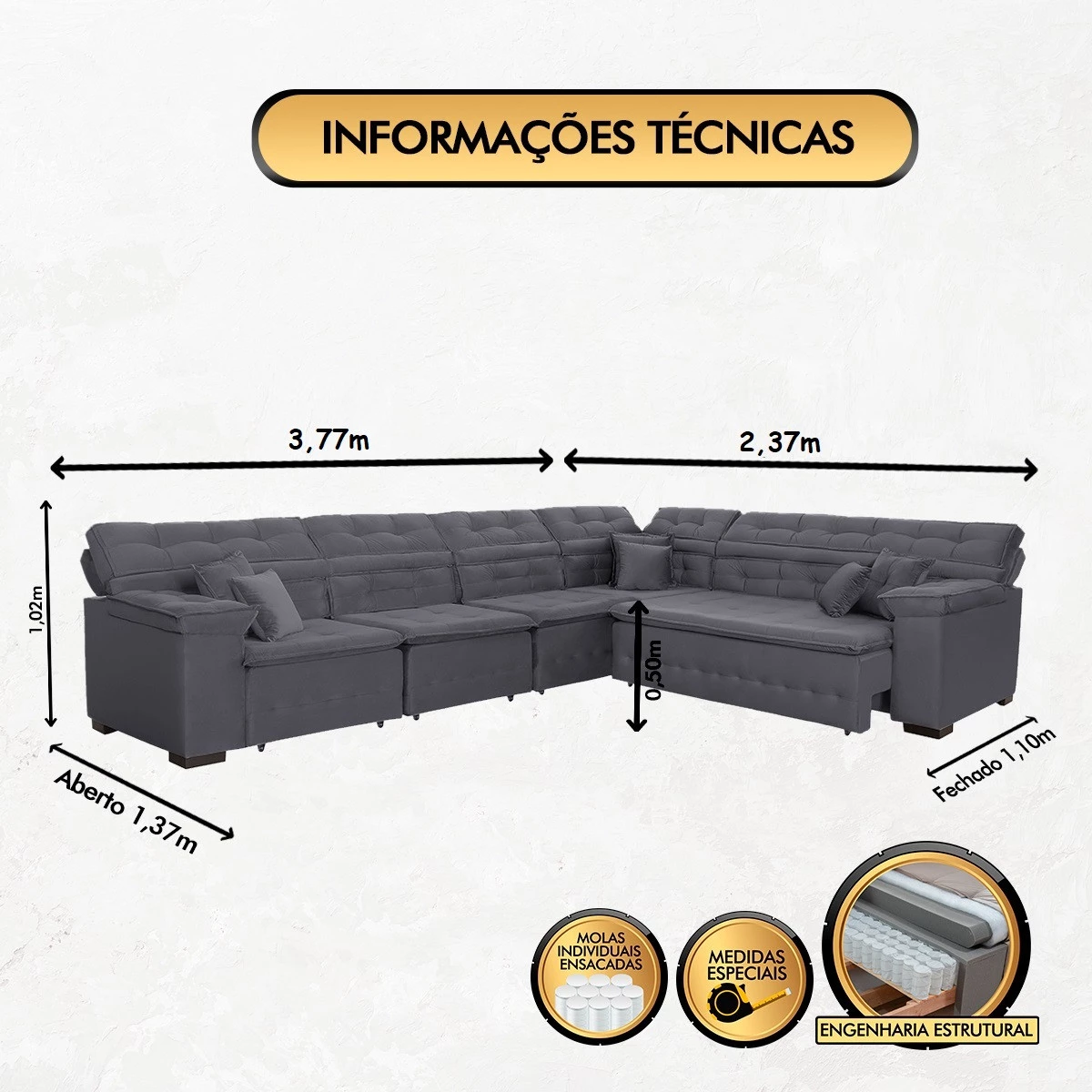 Sofá Magno 3,77x2,37m de Canto, Retrátil e Reclinável - Chumbo