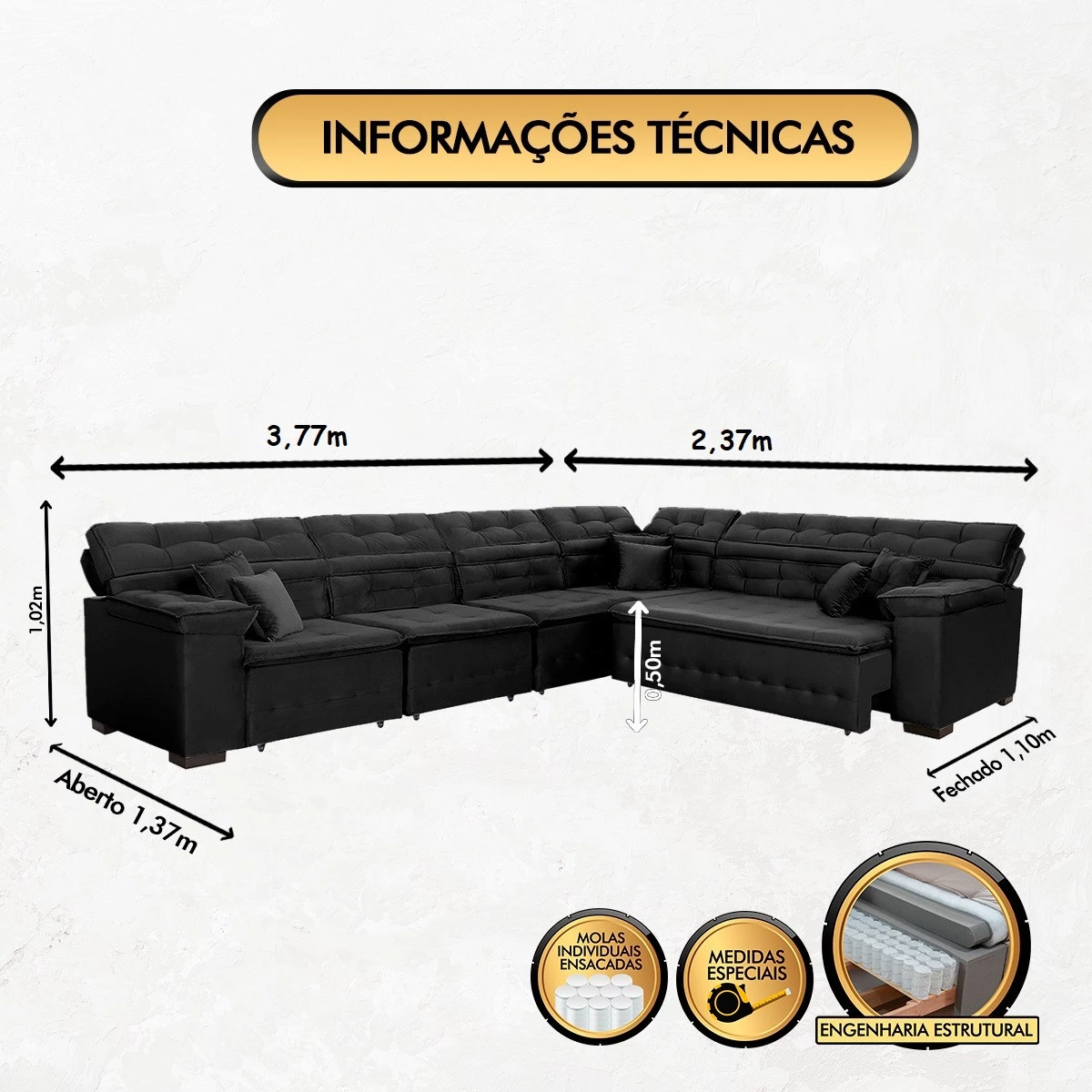 Sofá Magno 3,77x2,37m de Canto, Retrátil e Reclinável - Preto