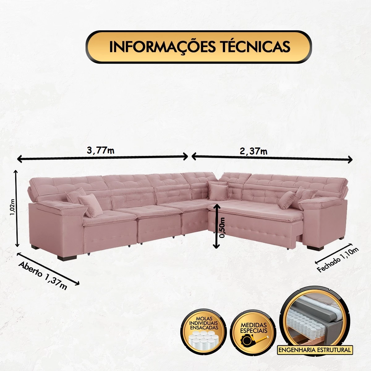 Sofá Magno 3,77x2,37m de Canto, Retrátil e Reclinável