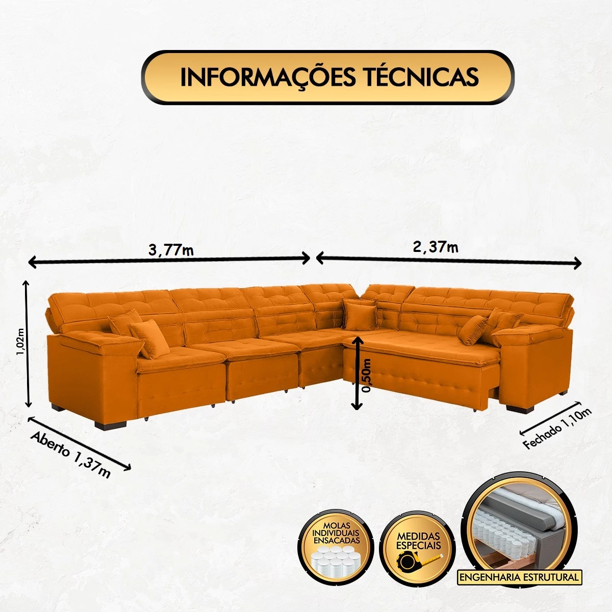 Sofá Magno 3,77x2,37m de Canto, Retrátil e Reclinável - Terra