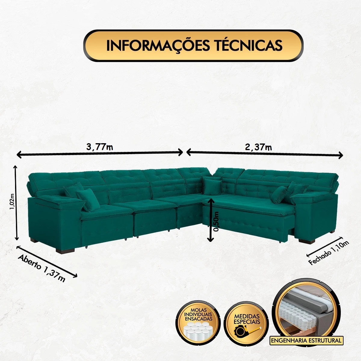 Sofá Magno 3,77x2,37m de Canto, Retrátil e Reclinável - Verde