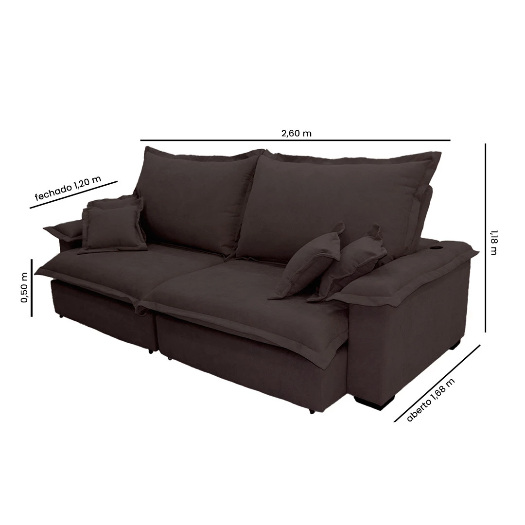 Sofá Paris 2,60m Retrátil e Reclinável Super Pillow -marrom