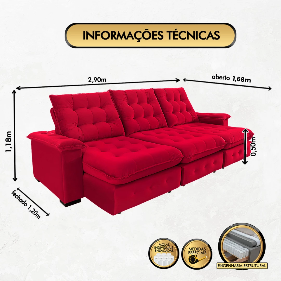 Sofá Retrátil e Reclinável  2,90m Coliseu  Super Pillow - Vermelho