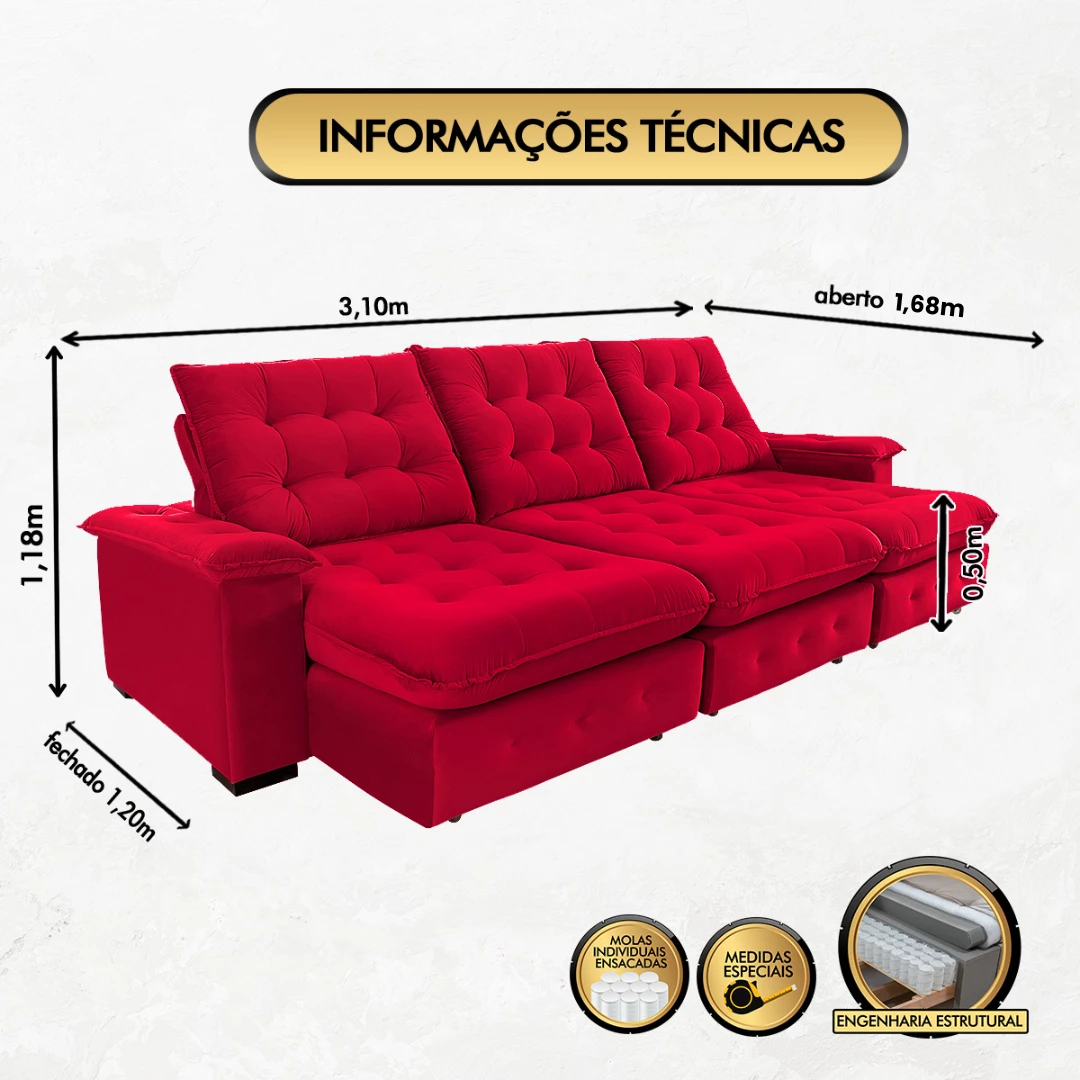 Sofá Coliseu 3,10m Retrátil e Reclinável Super Pillow - Vermelho