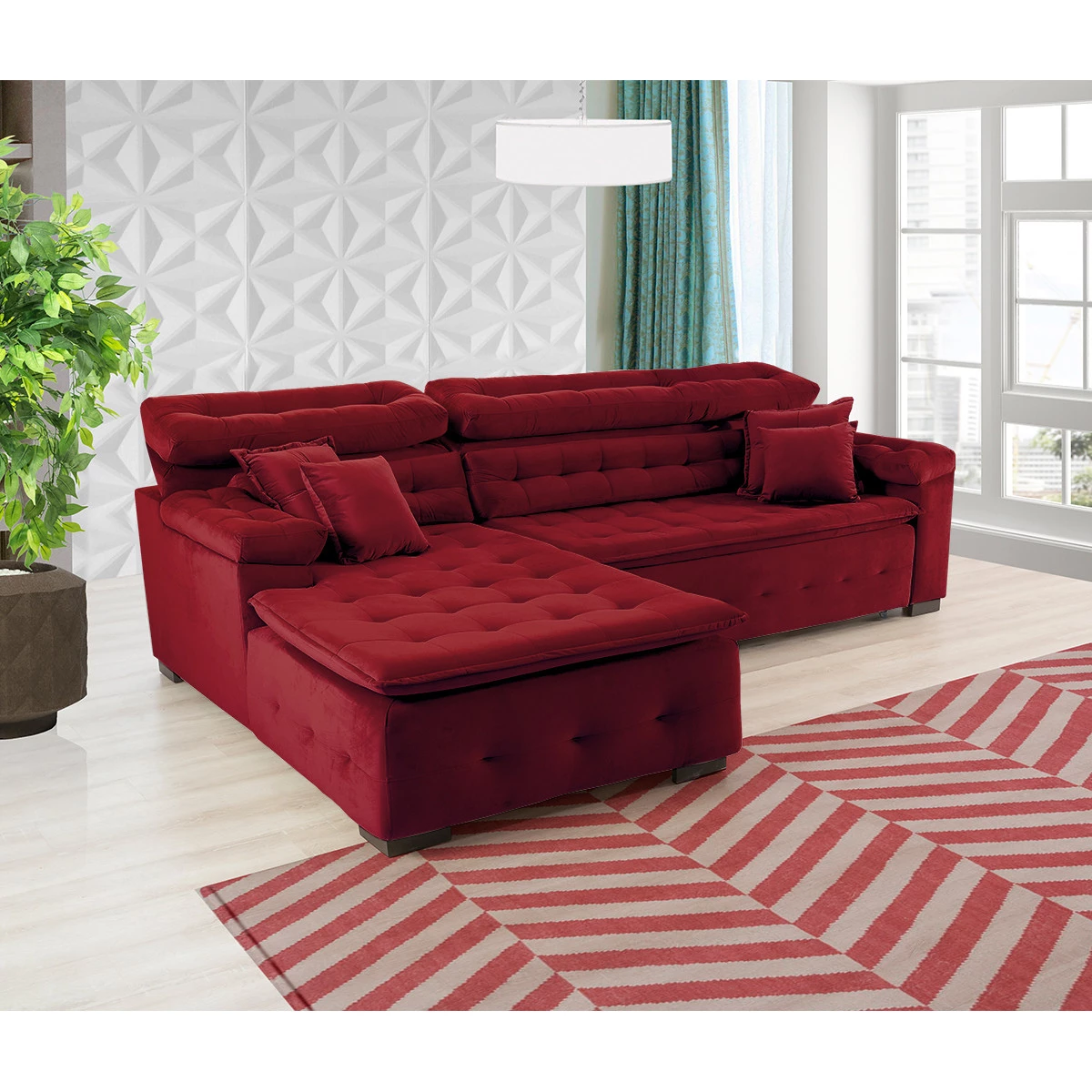 Sofá Retrátil e Reclinável Com Chaise Orlando 2,20x2,10m- Sofisticato-vinho