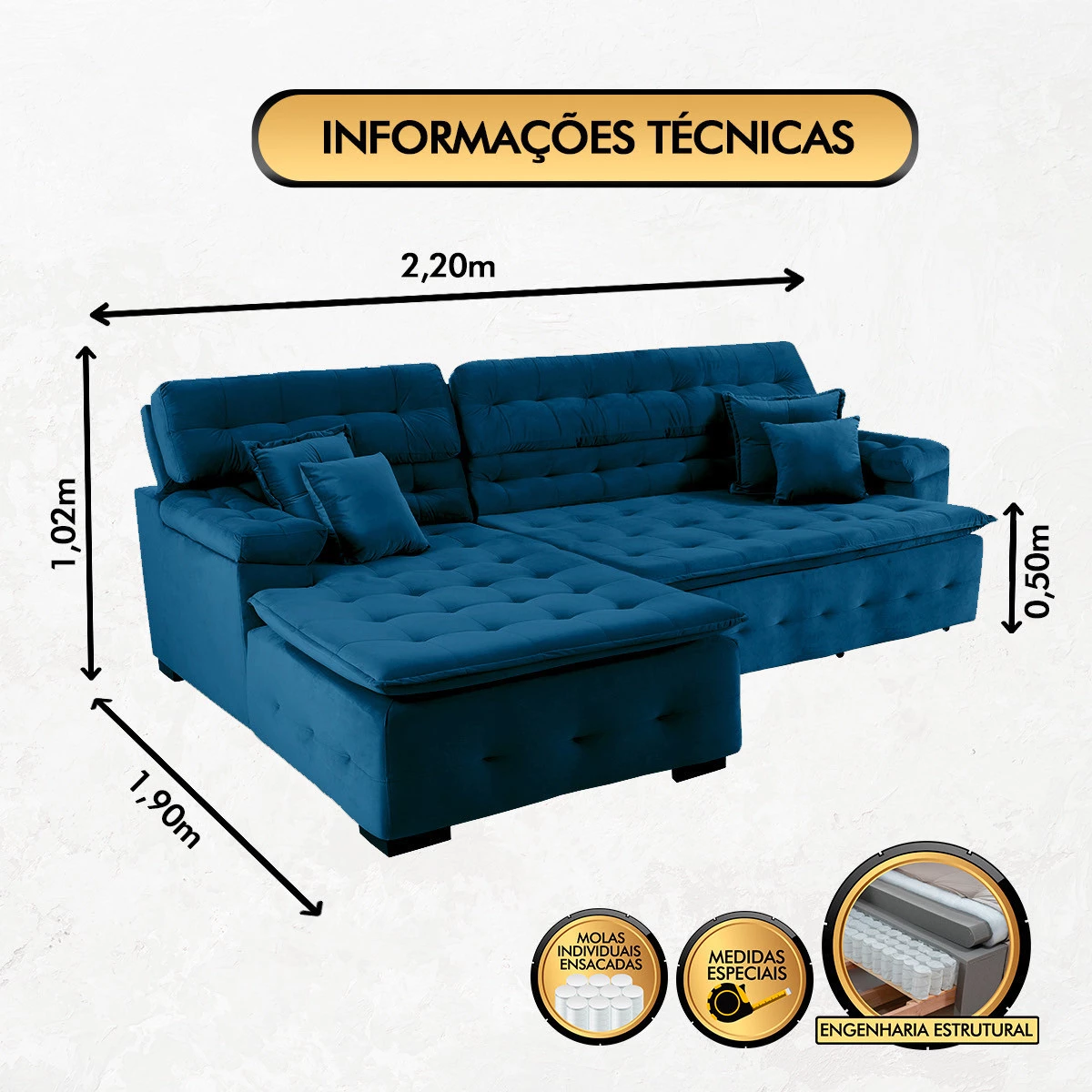 Sofá Orlando 2,20x1,90m com Chaise, Retrátil e Reclinável