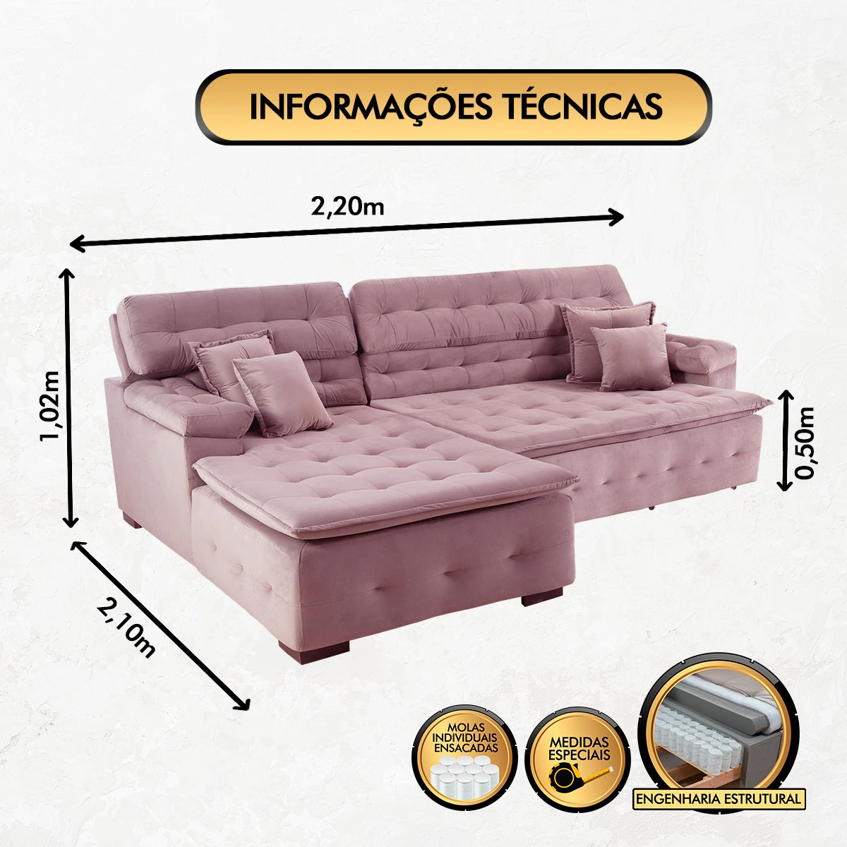 Sofá Retrátil e Reclinável Com Chaise Orlando 2,20x2,10m- Sofisticato-rosê