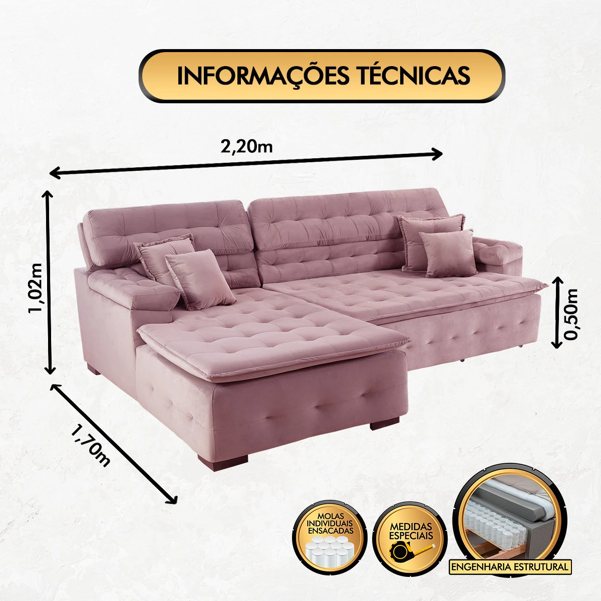 Sofá Orlando 2,20x1,70m com Chaise, Retrátil e Reclinável