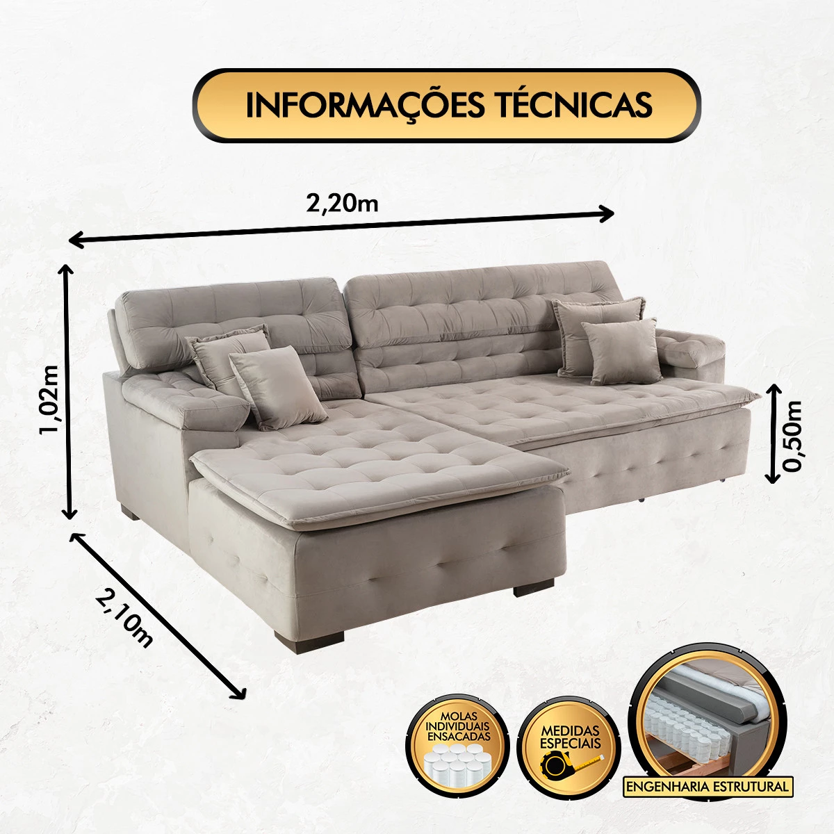 Sofá Retrátil e Reclinável Com Chaise Orlando 2,20x2,10m- Sofisticato-avelã