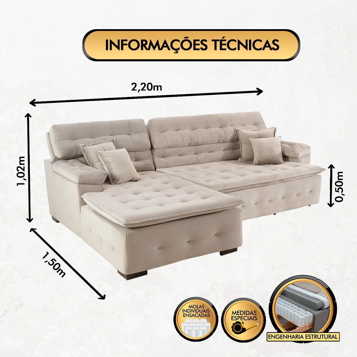 Sofá Orlando 2,20x1,50m com Chaise, Retrátil e Reclinável - Bege