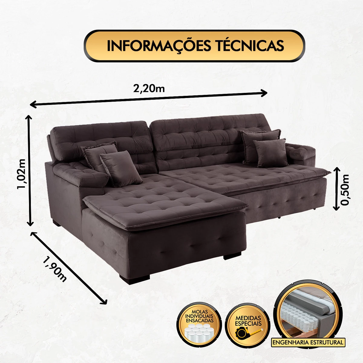 Sofá Orlando 2,20x1,90m com Chaise, Retrátil e Reclinável - Marrom
