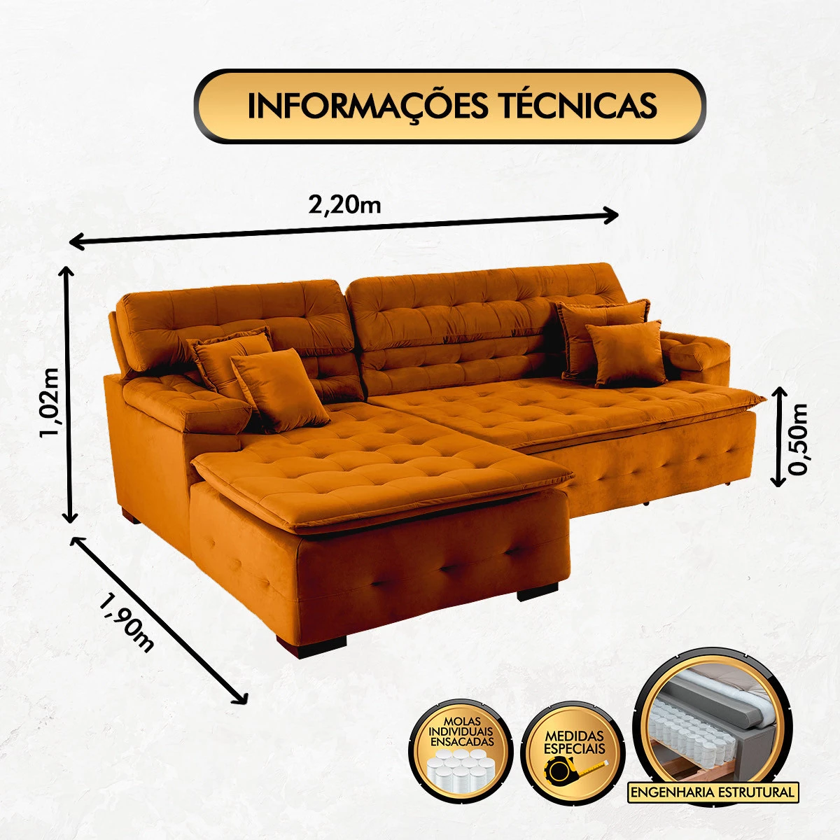 Sofá Orlando 2,20x1,90m com Chaise, Retrátil e Reclinável - Terra