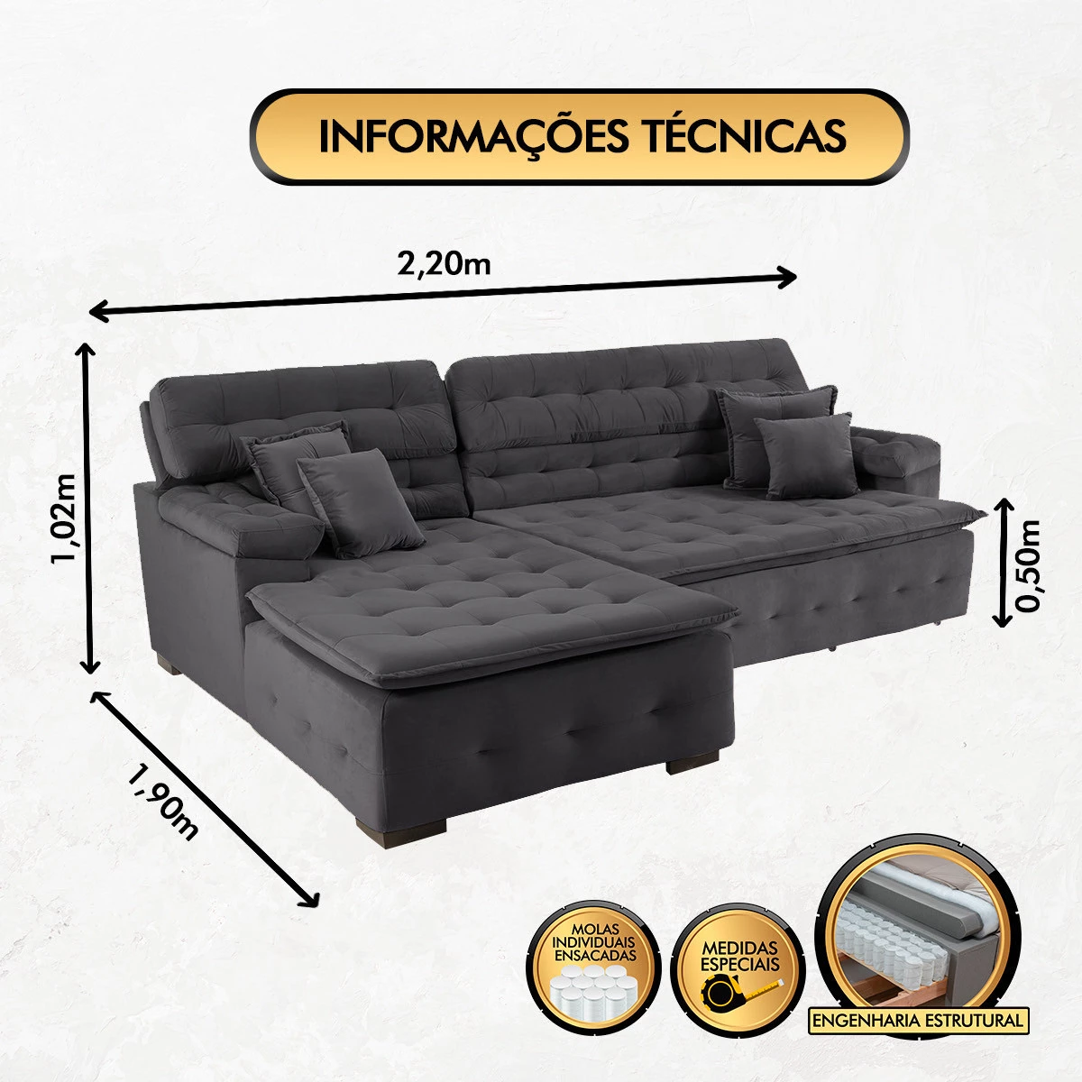Sofá Orlando 2,20x1,90m com Chaise, Retrátil e Reclinável - Chumbo