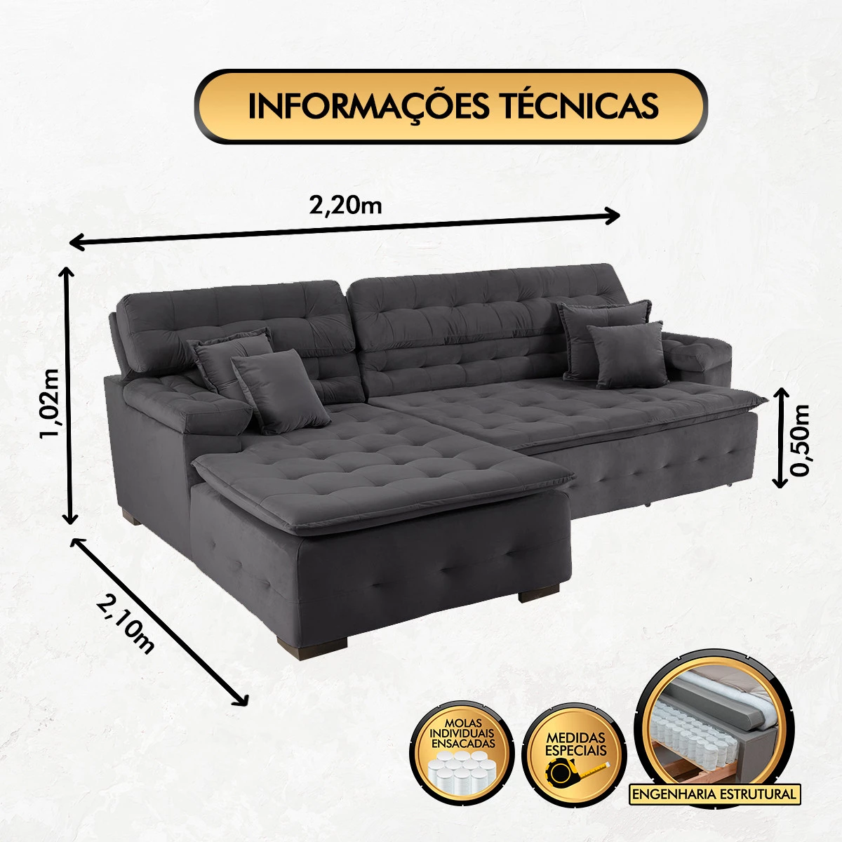 Sofá Retrátil e Reclinável Com Chaise Orlando 2,20x2,10m- Sofisticato-chumbo