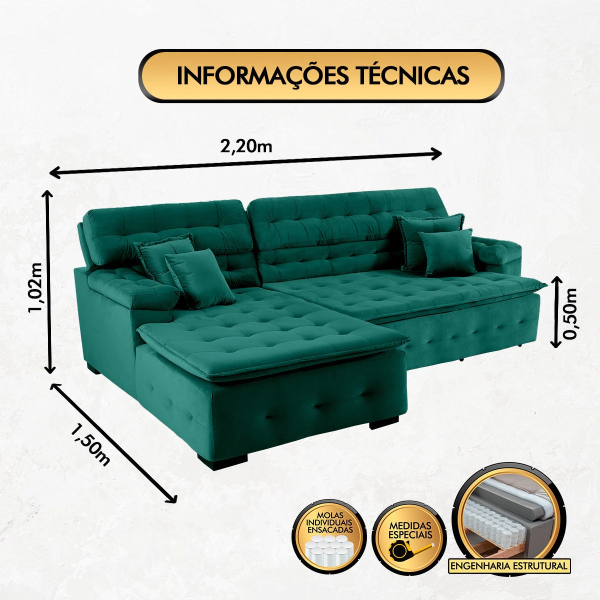 Sofá Orlando 2,20x1,50m com Chaise, Retrátil e Reclinável - Verde