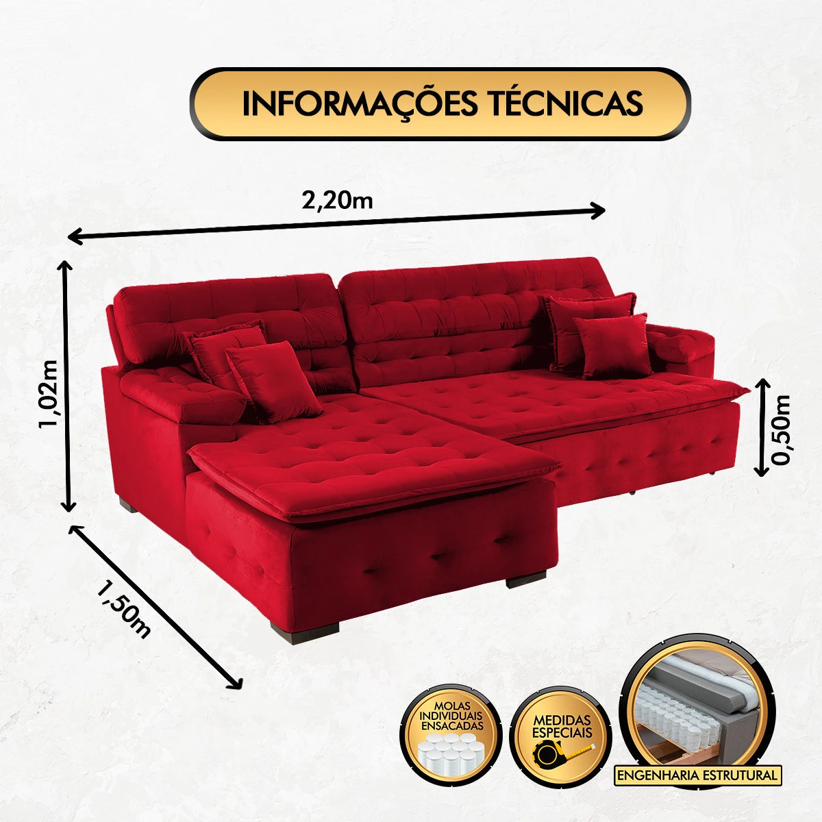 Sofá Orlando 2,20x1,50m com Chaise, Retrátil e Reclinável