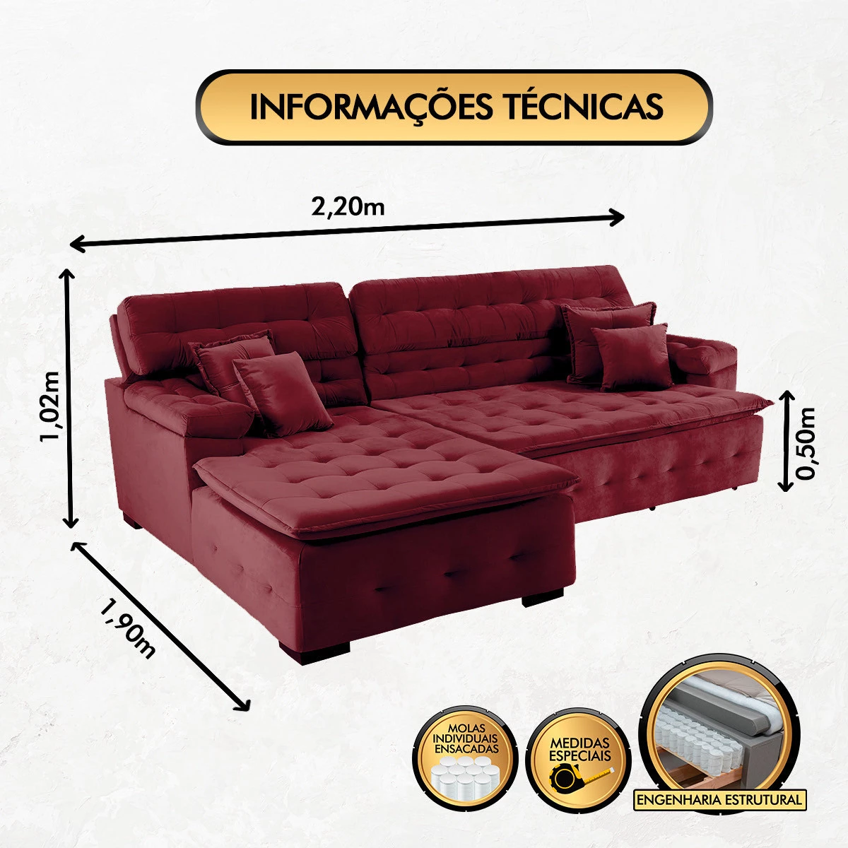 Sofá Orlando 2,20x1,90m com Chaise, Retrátil e Reclinável - Vinho