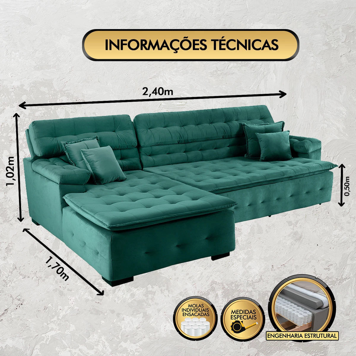 Sofá Orlando 2,40x1,70m com Chaise, Retrátil e Reclinável