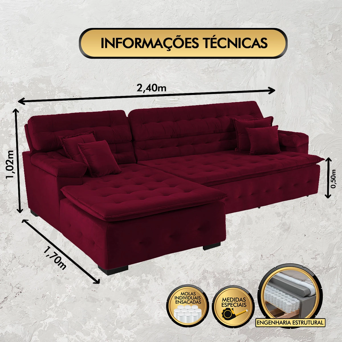 Sofá Orlando 2,40x1,70m com Chaise, Retrátil e Reclinável - Vinho