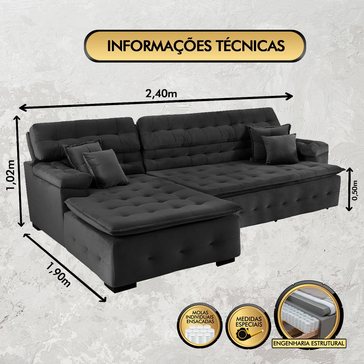 Sofá Orlando 2,40x1,90m com Chaise, Retrátil e Reclinável