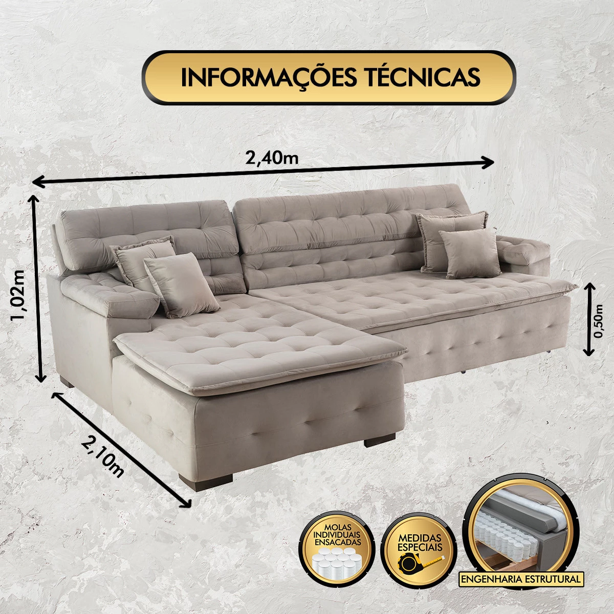 Sofá Orlando 2,40x2,10m com Chaise, Retrátil e Reclinável - Avelã