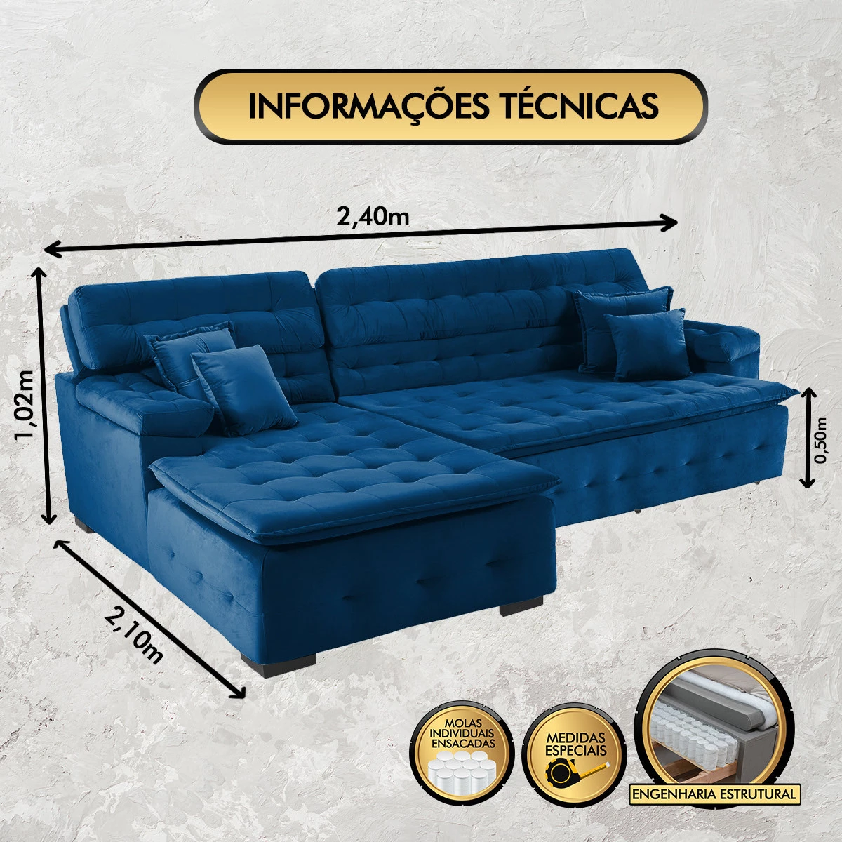 Sofá Orlando 2,40x2,10m com Chaise, Retrátil e Reclinável - Azul