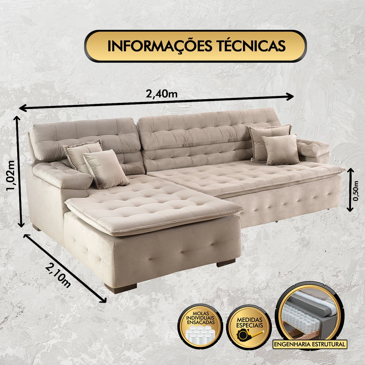 Sofá Orlando 2,40x2,10m com Chaise, Retrátil e Reclinável - Bege