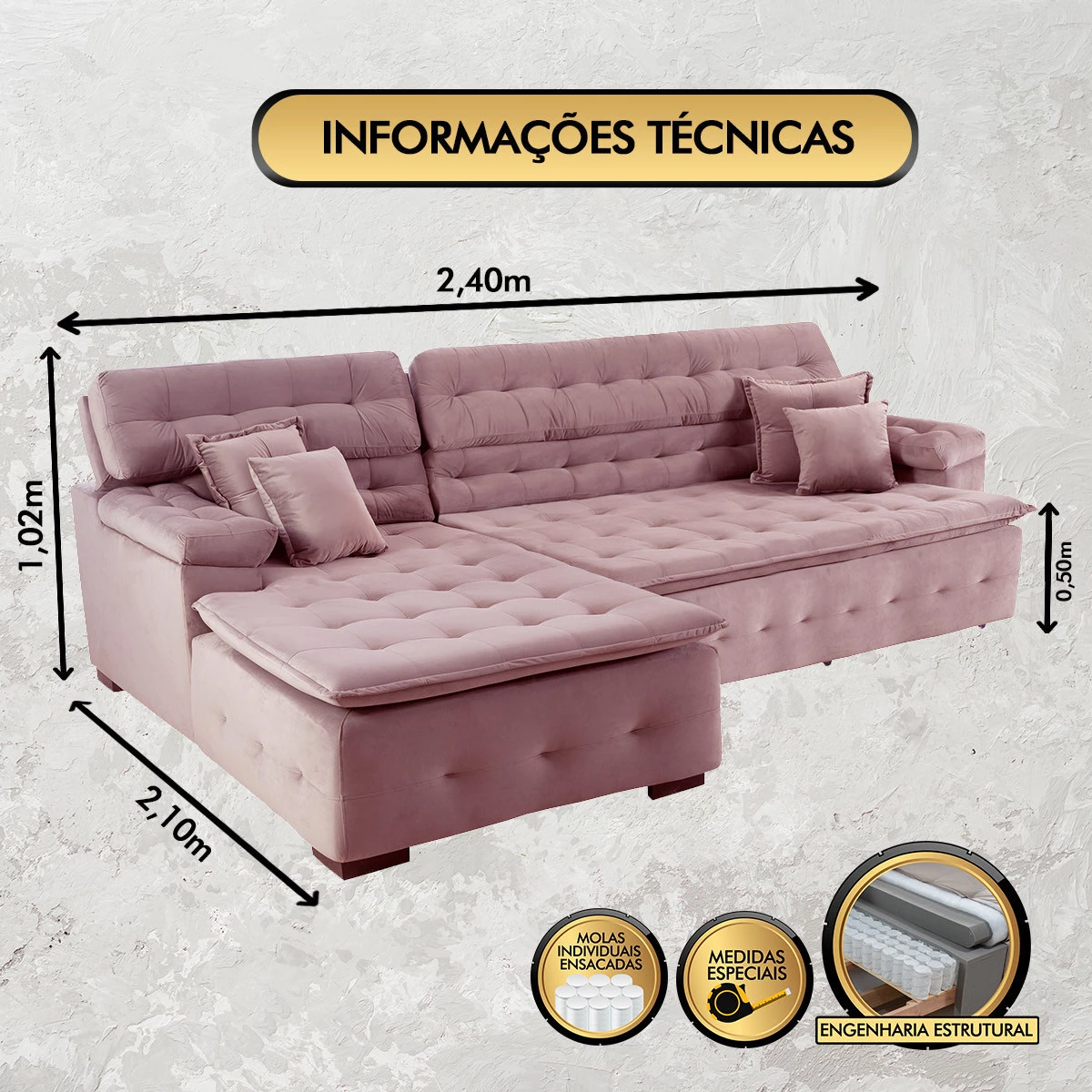 Sofá Orlando 2,40x2,10m com Chaise, Retrátil e Reclinável - Rosê