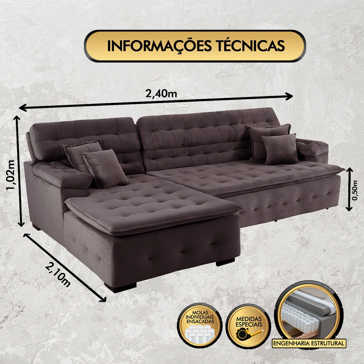 Sofá Orlando 2,40x2,10m com Chaise, Retrátil e Reclinável - Marrom