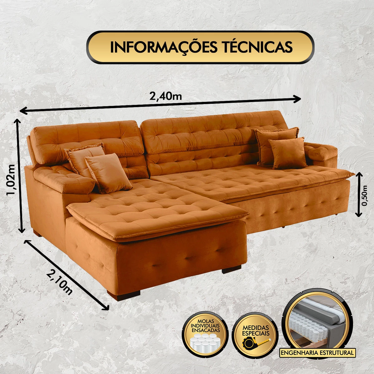 Sofá Orlando 2,40x2,10m com Chaise, Retrátil e Reclinável