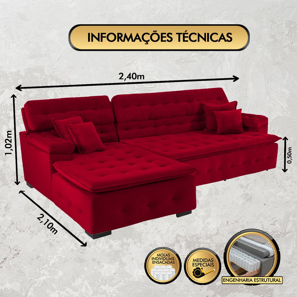 Sofá Orlando 2,40x2,10m com Chaise, Retrátil e Reclinável - Vermelho