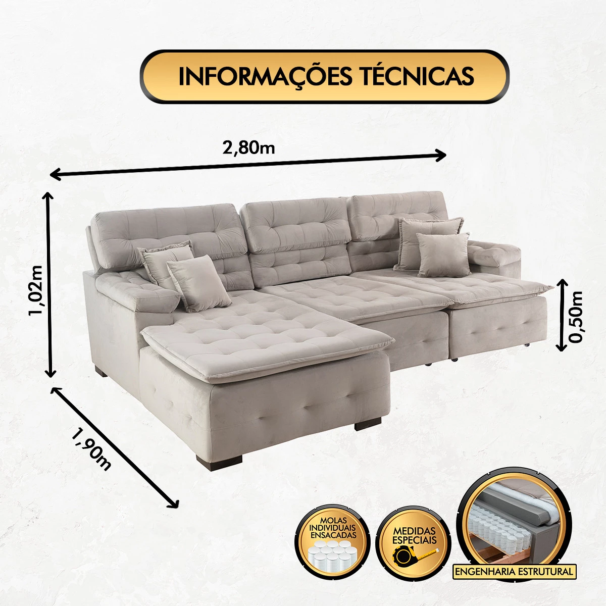Sofá Orlando 2,80x1,90m com Chaise, Retrátil e Reclinável - Avelã