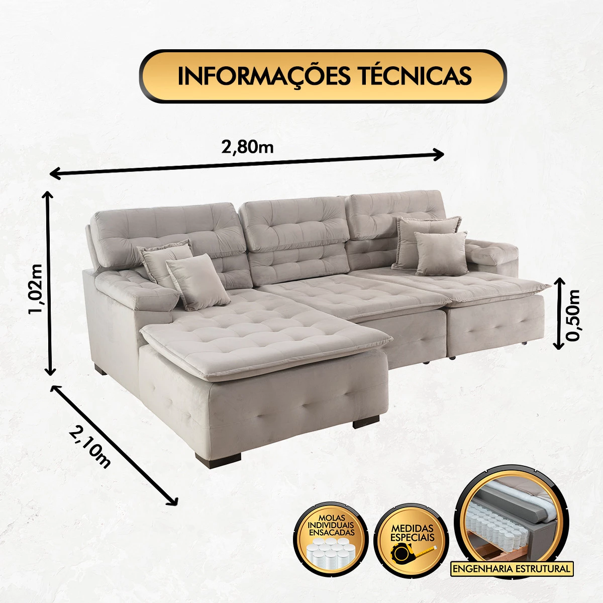 Sofá Orlando 2,80x2,10m com Chaise, Retrátil e Reclinável - Avelã