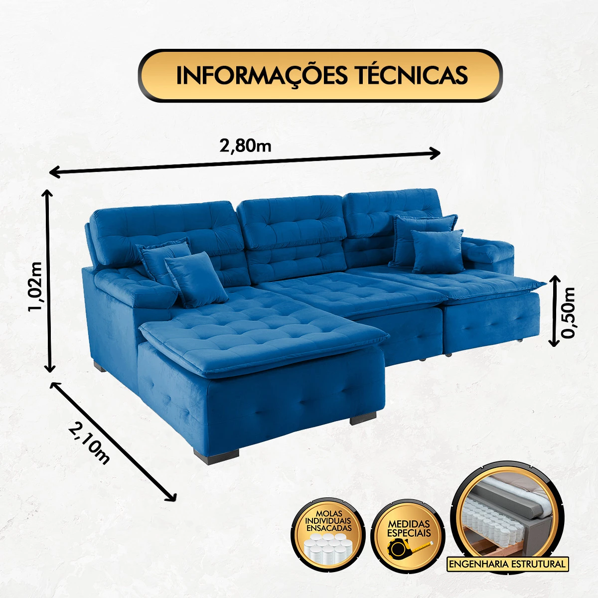 Sofá Orlando 2,80x2,10m com Chaise, Retrátil e Reclinável - Azul