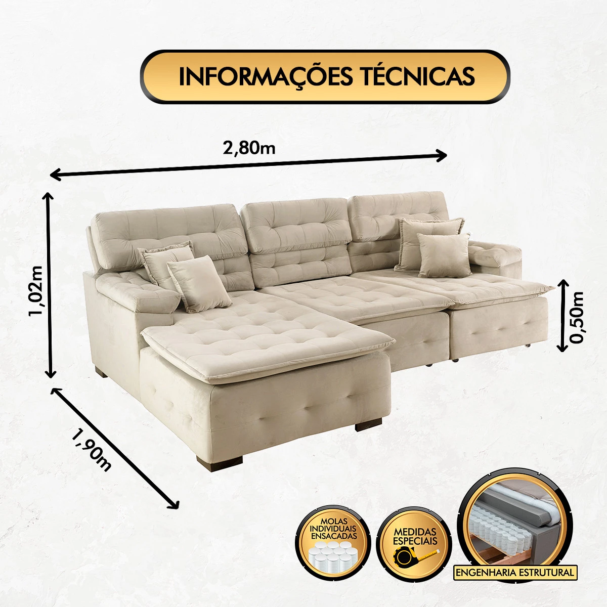 Sofá Orlando 2,80x1,90m com Chaise, Retrátil e Reclinável