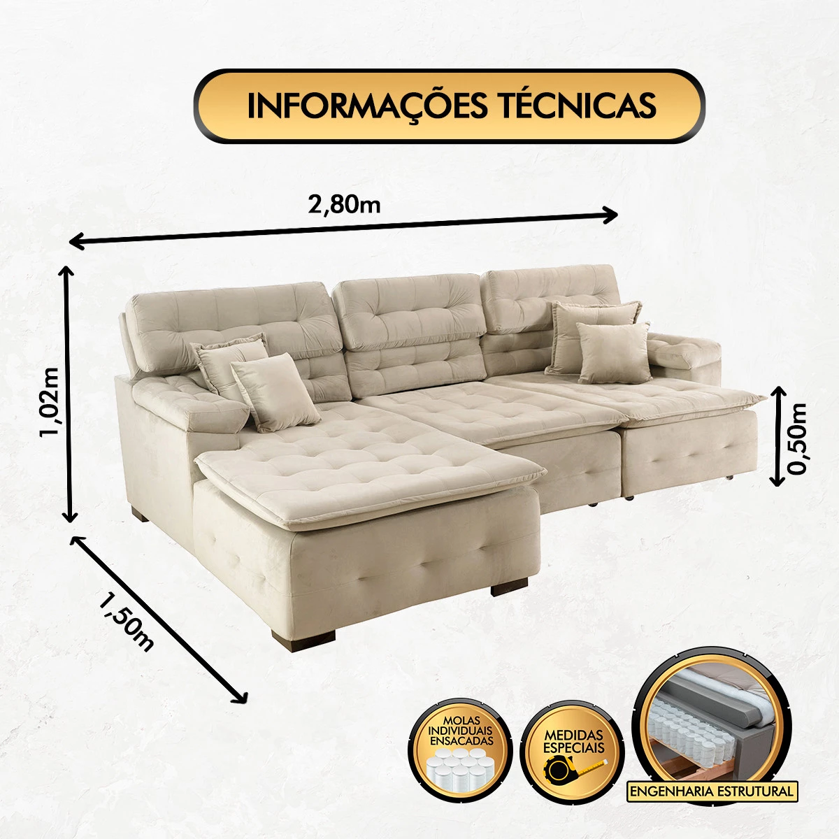 Sofá Orlando 2,80x1,50m com Chaise, Retrátil e Reclinável - Bege