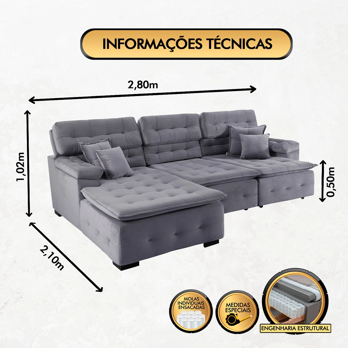 Sofá Orlando 2,80x2,10m com Chaise, Retrátil e Reclinável