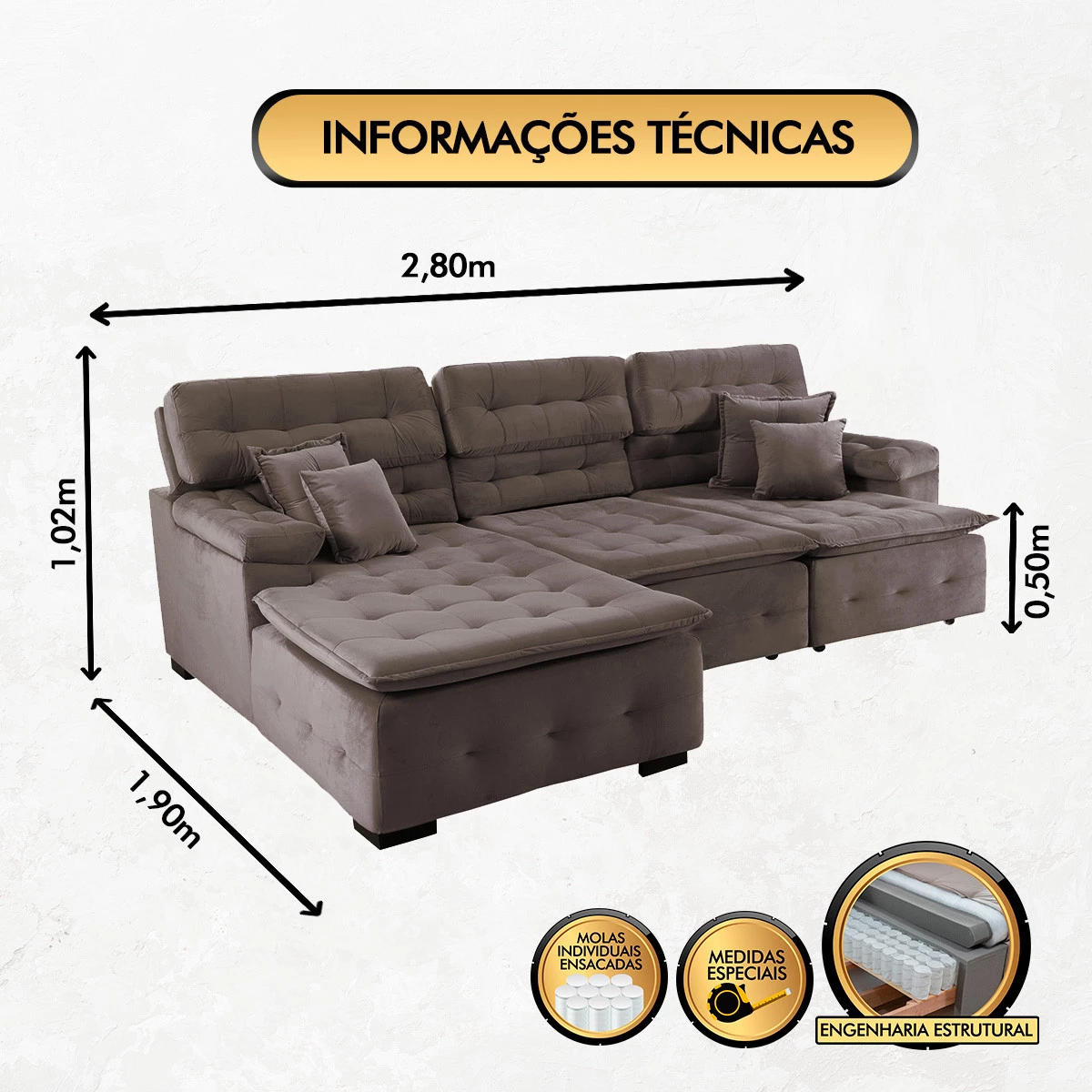 Sofá Orlando 2,80x1,90m com Chaise, Retrátil e Reclinável - Marrom