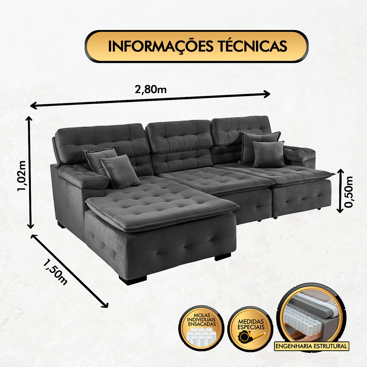 Sofá Orlando 2,80x1,50m com Chaise, Retrátil e Reclinável - Preto
