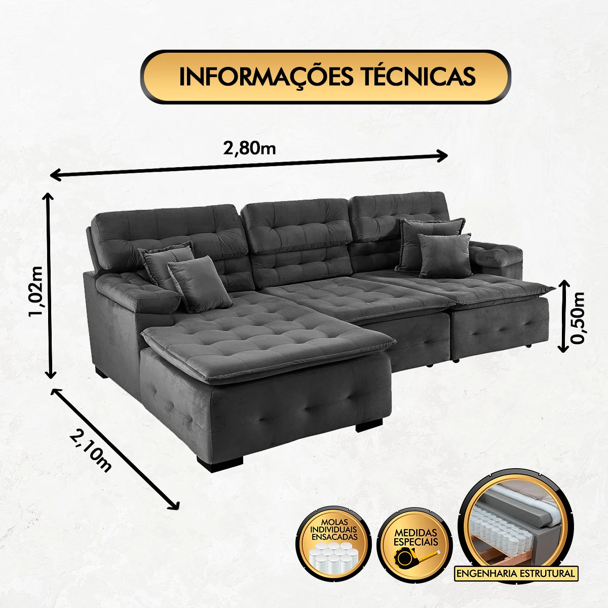 Sofá Orlando 2,80x2,10m com Chaise, Retrátil e Reclinável - Preto