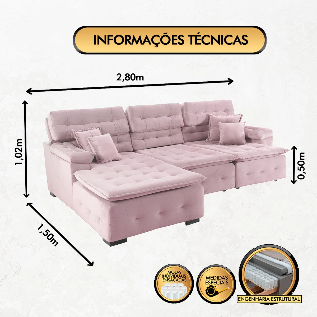 Sofá Orlando 2,80x1,50m com Chaise, Retrátil e Reclinável
