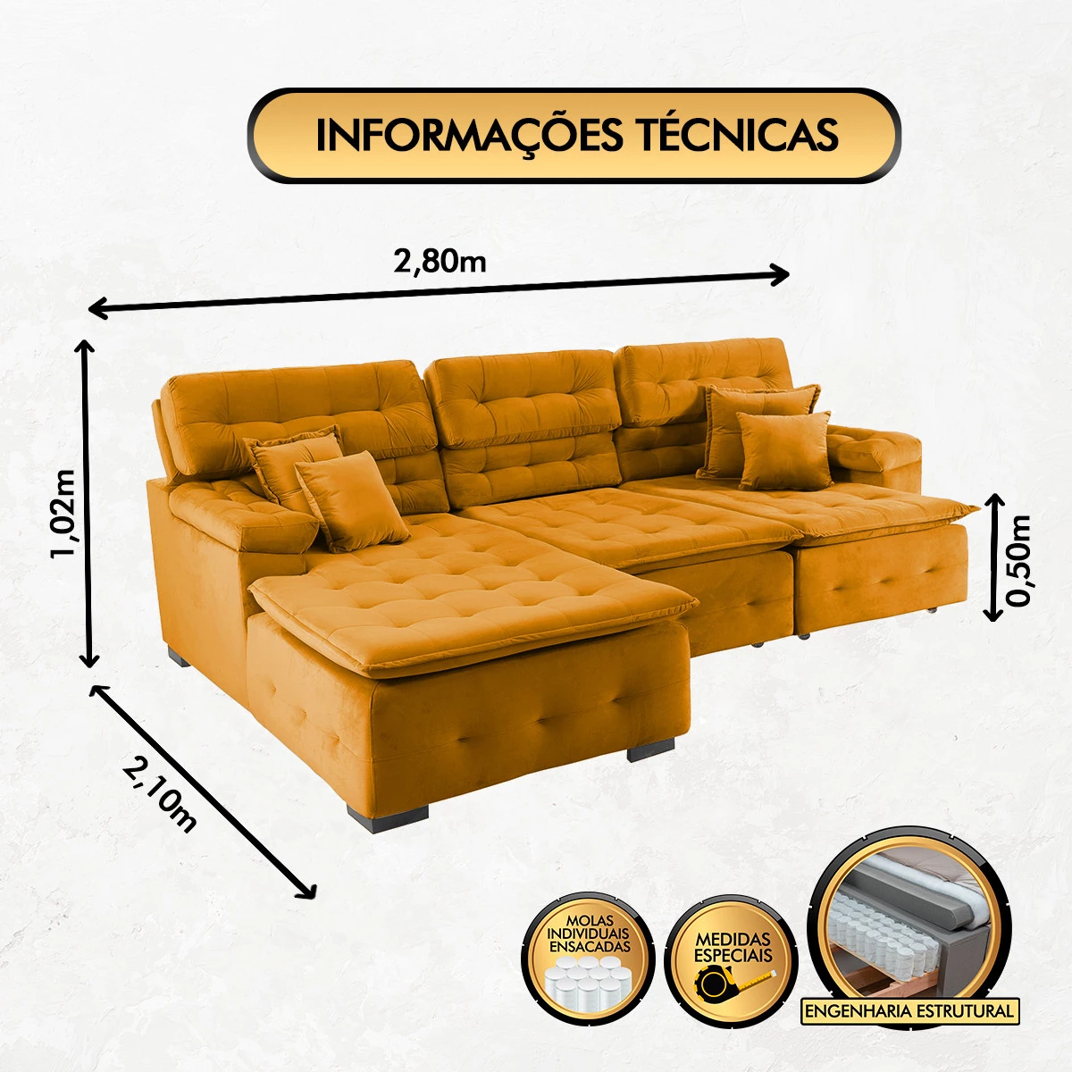 Sofá Orlando 2,80x2,10m com Chaise, Retrátil e Reclinável - Terra