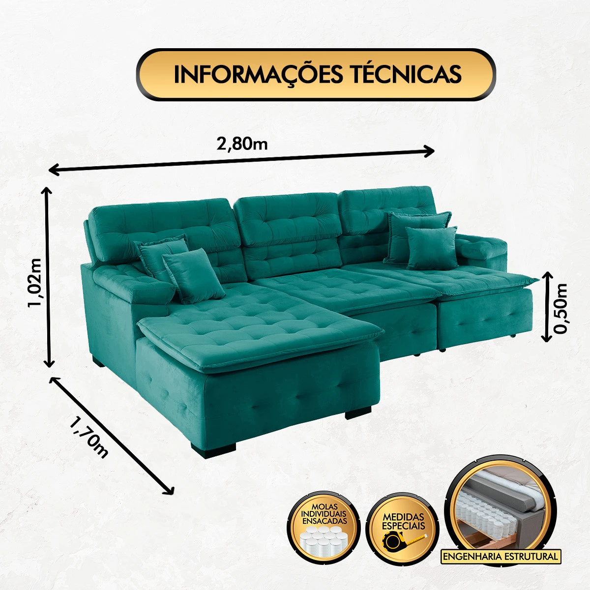 Sofá Orlando 2,80x1,70m com Chaise, Retrátil e Reclinável