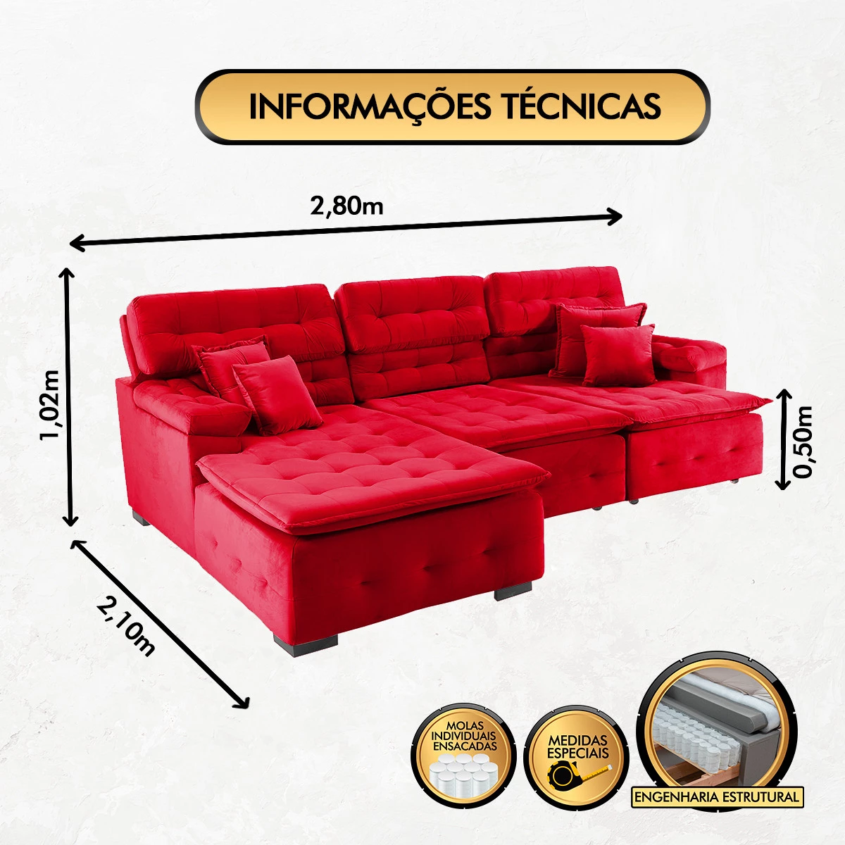 Sofá Orlando 2,80x2,10m com Chaise, Retrátil e Reclinável - Vermelho