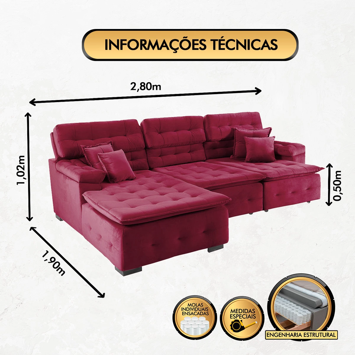 Sofá Orlando 2,80x1,90m com Chaise, Retrátil e Reclinável - Vinho